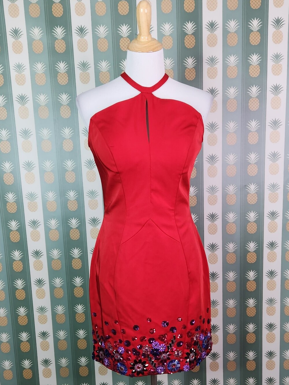 Rachel Allen Red Halter Neck Embellished Cocktail Dress